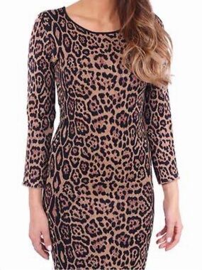 NWOT BCBGMaxAzria Sheena French Leopard Bodycon Dress, Camel Combo Size Medium